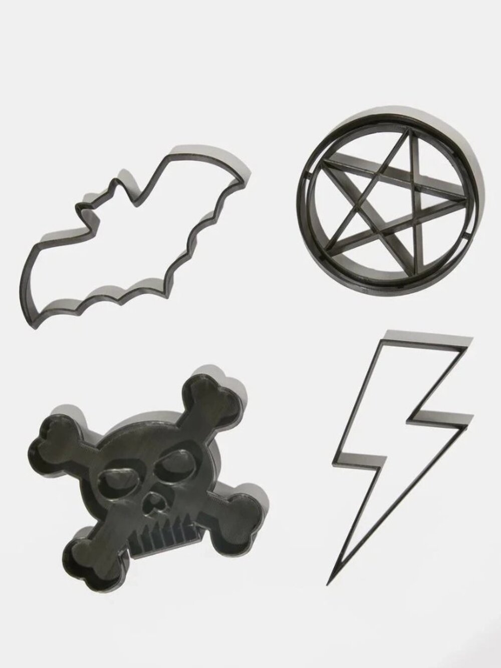 Gothic Cookie Cutters Set - Pentagram, Skull & Bones, Bat, Lightning Bolt